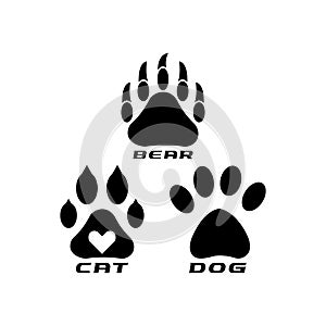 Different animal paw . Paw Prints. Black paw .Paw icon vector illustration