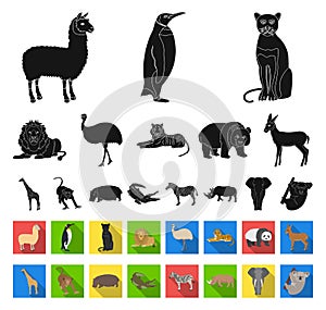 Different animals black,flat icons in set collection for design. Bird, predator and herbivore vector symbol stock web