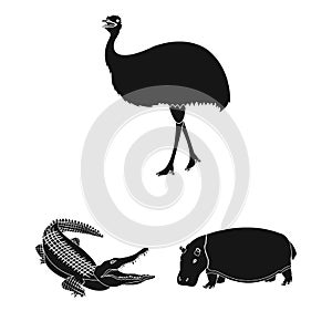 Different animals black icons in set collection for design. Bird, predator and herbivore vector symbol stock web