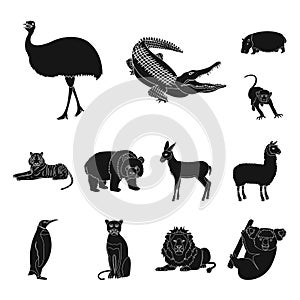 Different animals black icons in set collection for design. Bird, predator and herbivore vector symbol stock web