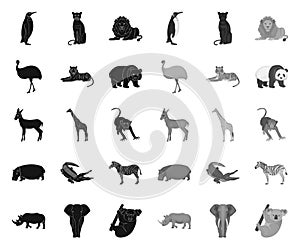 Different animals black.mono icons in set collection for design. Bird, predator and herbivore vector symbol stock web