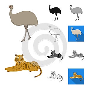 Different animals cartoon,black,flat,monochrome,outline icons in set collection for design. Bird, predator and herbivore