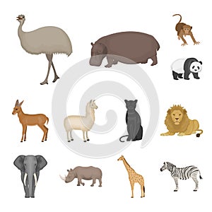 Different animals cartoon icons in set collection for design. Bird, predator and herbivore vector symbol stock web