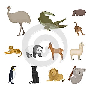 Different animals cartoon icons in set collection for design. Bird, predator and herbivore vector symbol stock web