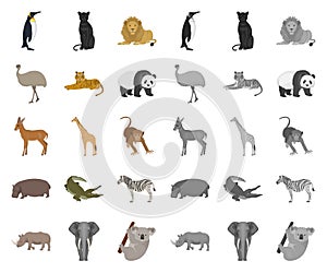 Different animals cartoon,mono icons in set collection for design. Bird, predator and herbivore vector symbol stock web