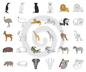 Different animals cartoon,outline icons in set collection for design. Bird, predator and herbivore vector symbol stock