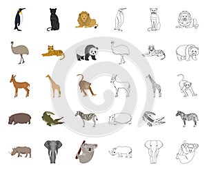 Different animals cartoon,outline icons in set collection for design. Bird, predator and herbivore vector symbol stock