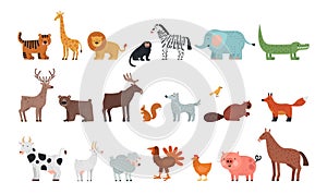 Different animals. Farm savanna forest fauna, isolated wildlife characters. Wolf tiger bear deer squirrel, fox and sheep