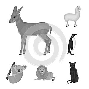 Different animals monochrome icons in set collection for design. Bird, predator and herbivore vector symbol stock web