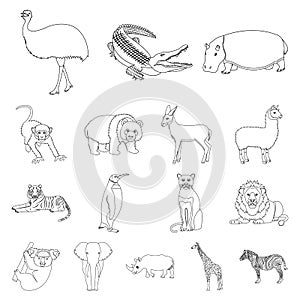 Different animals outline icons in set collection for design. Bird, predator and herbivore vector symbol stock web