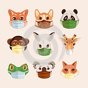 Different animals wearing face mask protection from dust and virus in cartoon style