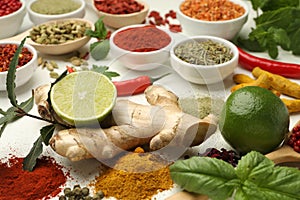 Different aromatic spices, lime and herbs on white background, closeup