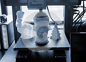 Different art models printed on a 3D printer. Models of a prototype human head