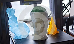 Different art models printed on a 3D printer. Models of a prototype human head