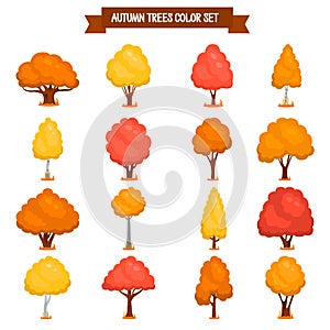 Different Autumn trees color flat icons set