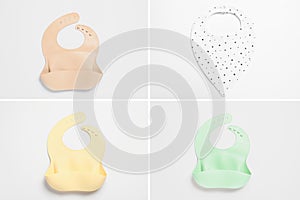 Different baby bibs on light background, top view. Collage
