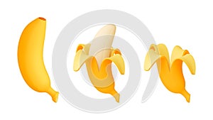 Different bananas 3d icons. Banana and peel, eating exotic fruit. Isolated tropical natural sweet food, vector render