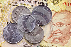Different banknotes and coins of Indian money