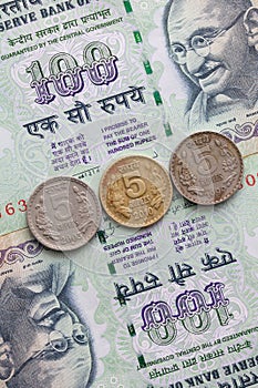 Different banknotes and coins of Indian money