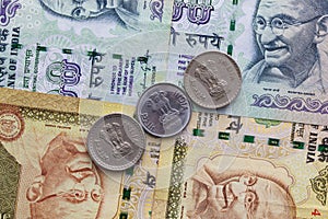 Different banknotes and coins of Indian money