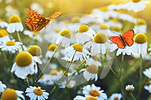 Different beautiful butterflies fluttering and sitting on a bright meadow on a gentle Bellamy flowers daisies on a Sunny summer