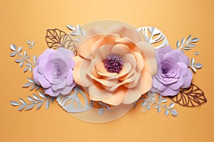 Different beautiful flowers and branches made of paper on orange background, flat lay