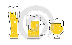 Different beer mugs, pints, tankards with foam in flat style isolated illustration photo