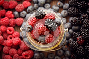 Different berries in a basket on a wooden table