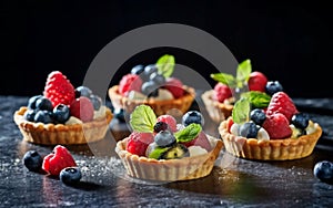 Different berry tarts on light table. Delicious pastries.