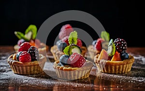 Different berry tarts on light table. Delicious pastries.