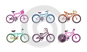 Different Bicycles or Cycle with Pedal and Two Wheels Attached to Frame Vector Set