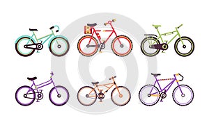 Different Bicycles or Cycle with Pedal and Two Wheels Attached to Frame Vector Set photo