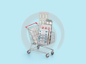 Different blisters with capsules, tablets and medicine in shop trolley on a white background. Medicine shoping concept. Copy space