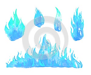 Different blue gas flames set. Hand drawn watercolor sketch illustration