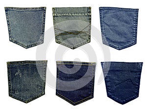 Different blue jeans pockets isolated on white background