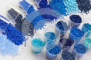 Different blue plastic resins in lab