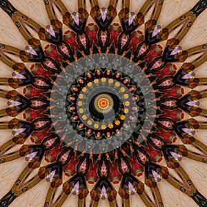 Different bobbins and scissors seen through kaleidoscope