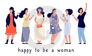 Different body types. Different women vector illustration. Body positive concept, happy women flat characters. Oversize