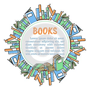 Different books and magazines vector banner in doodle and sketch style. Hand drawn poster