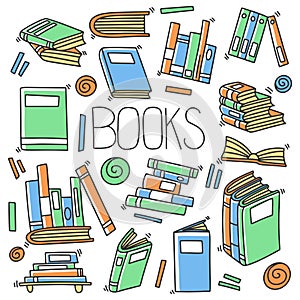 Different books and magazines vector concept in doodle and sketch style, library bookshelfs, bookstore. Hand drawn illustration