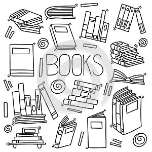 Different books and magazines vector concept in doodle and sketch style, library bookshelfs, bookstore. Hand drawn illustration