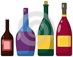 Different bottles of alcohol. Alcoholic drinks of different strength in glass containers with cork