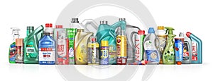 Different Bottles of car maintenance products on a white background. Oil, detergents and lubricants.