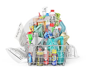 Different Bottles of car maintenance products on a white background. Oil, detergents and lubricants.