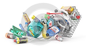 Different Bottles of car maintenance products on a white background. Oil, detergents and lubricants.