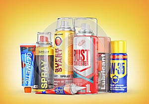 Different Bottles of car maintenance products on a yellow background. Oil, detergents and lubricants.