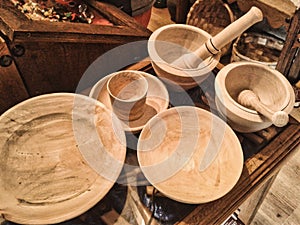 Different bowls and handcrafted wooden utensils handmade by cunqueiros from Degana municipality, Asturias Spain photo