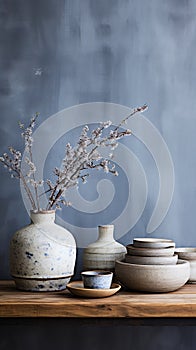 Different bowls table soft grey blue natural light plum blossom