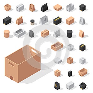 Different box vector isometric icons isolated move service or gift container packaging illustration