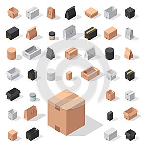 Different box vector isometric icons move service or gift container packaging illustration